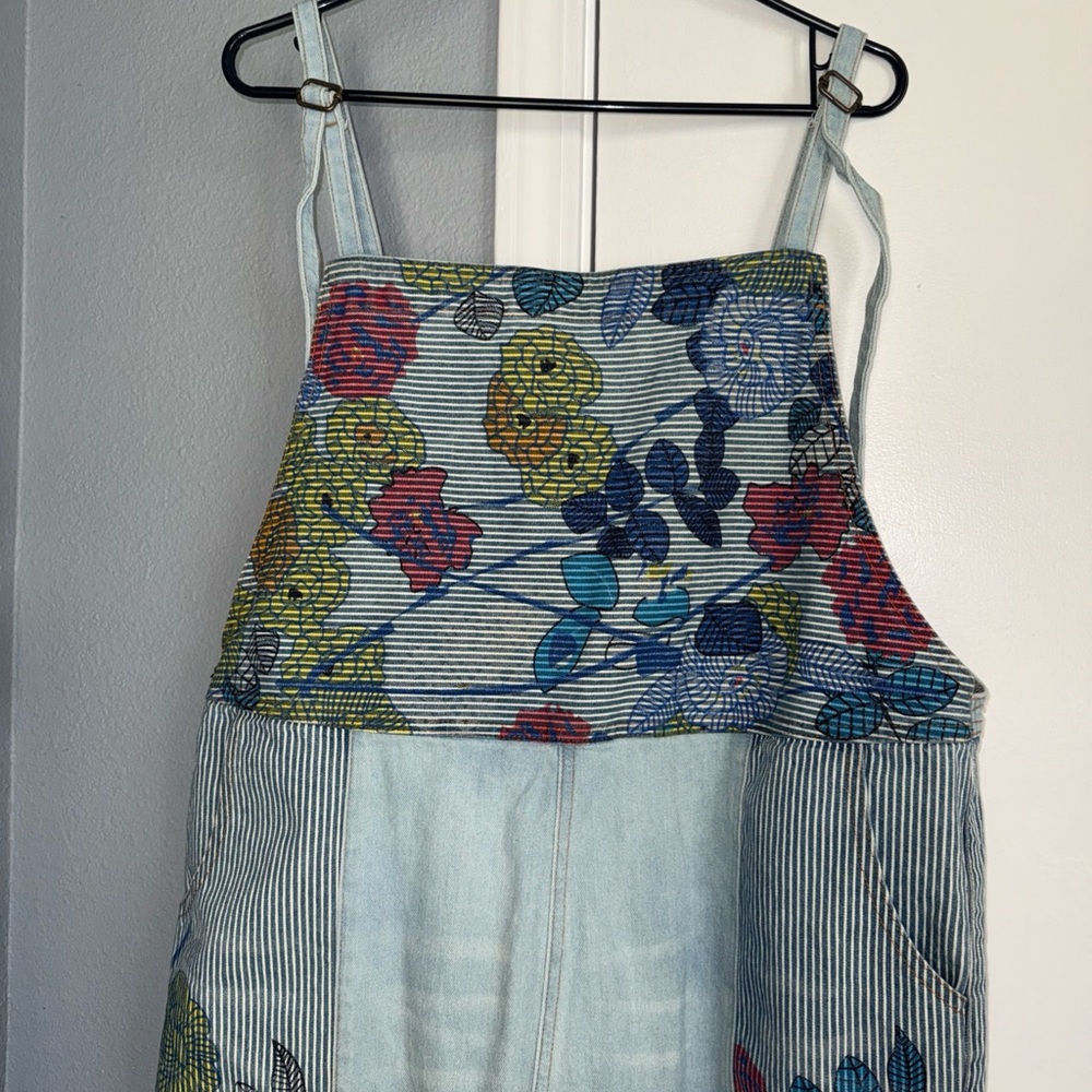 Monthorigin Overalls Womens Blue Floral Print Bibs Denim Distressed Crop - Picture 2 of 9
